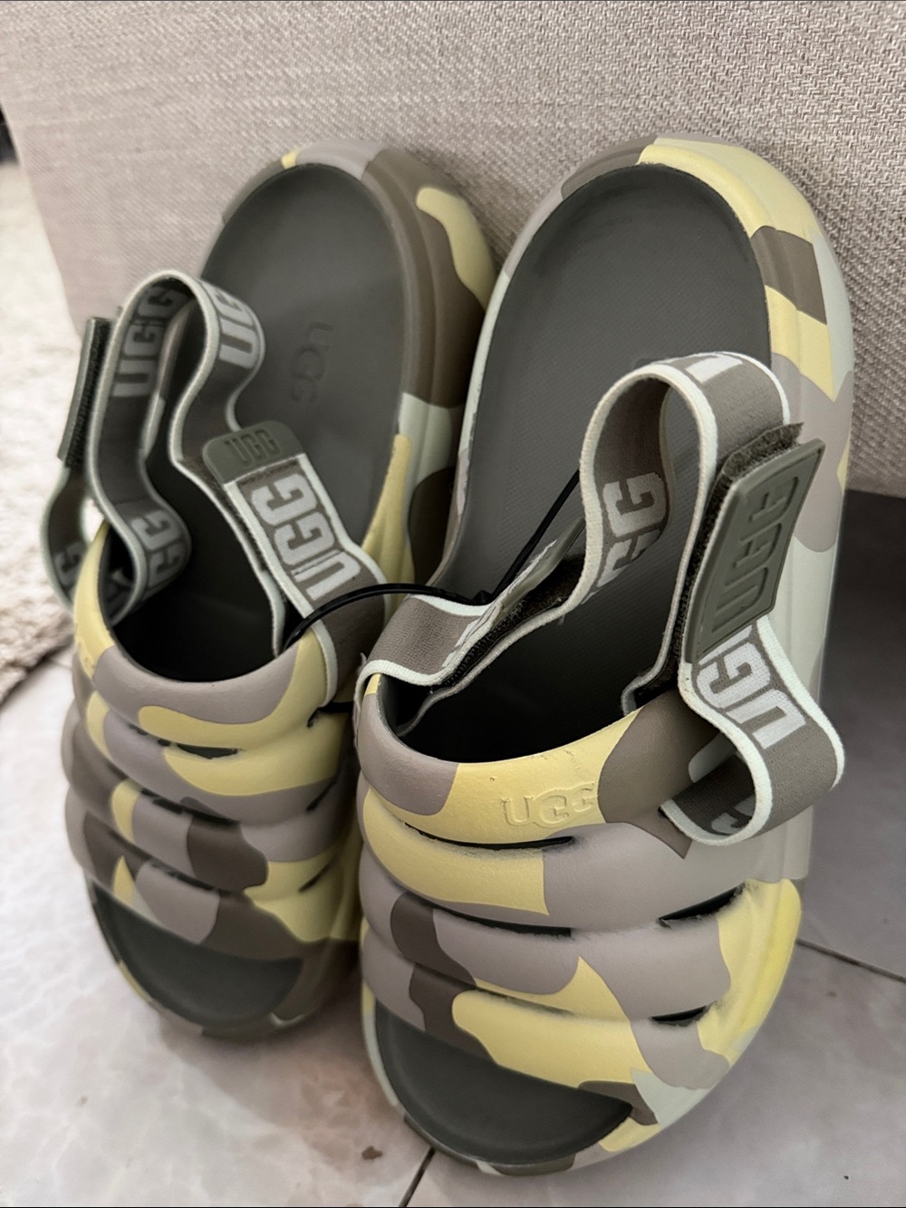 UGG Camouflage Slip-On Sandals in Olive Green, Yellow & Taupe